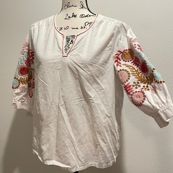 Madewell Blouse White Colorful Embroidered Popover Sleeve Hippie 70’s Vibes Sz M - Picture 13 of 15